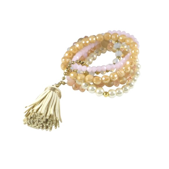 Boho Stack Stretch Bracelet Set of 6 with Tassel - Picture 2 of 5